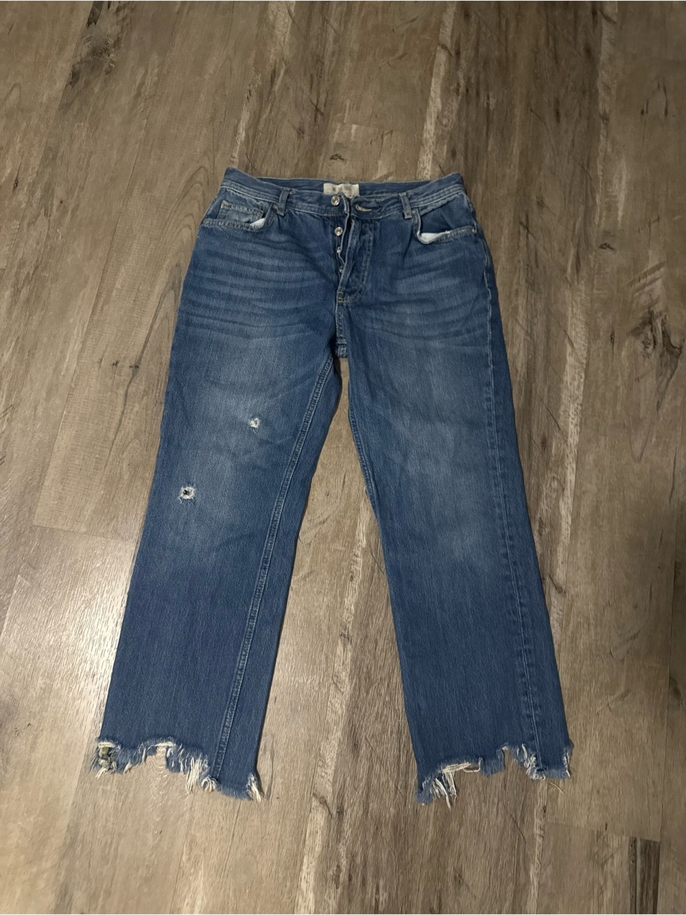 We The Free Raw Hem Straight-Leg Distressed Blue Jeans